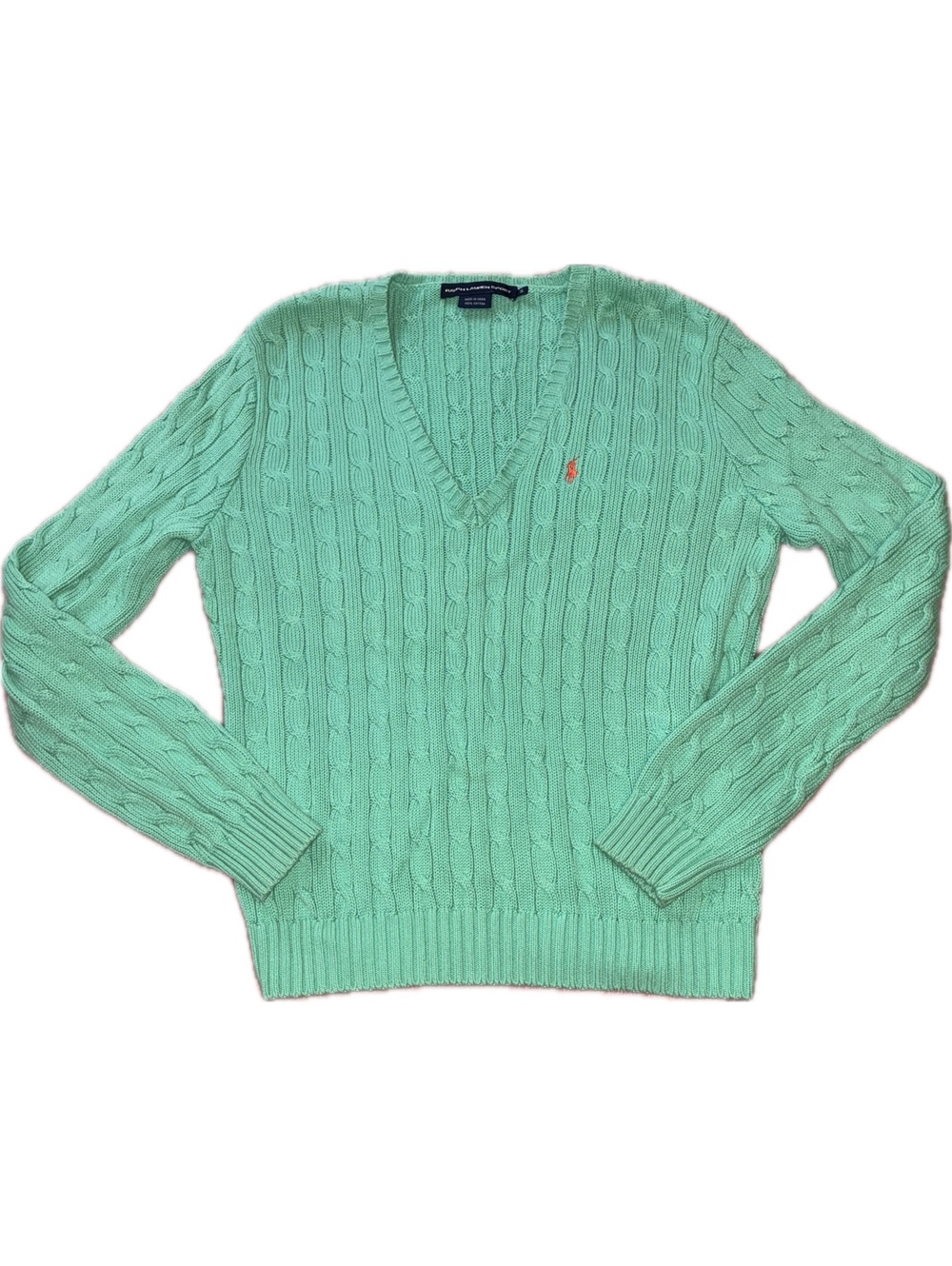 Ralph Lauren Sport Cable Knit V-Neck Sweater Mint Green - XL